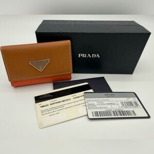Prada Saffiano Leather Bicolor Key Holder/Card Case - Brown/Orange
